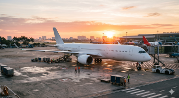 Avion sur le tarmac d'un aéroport au Vietnam au lever du soleil
