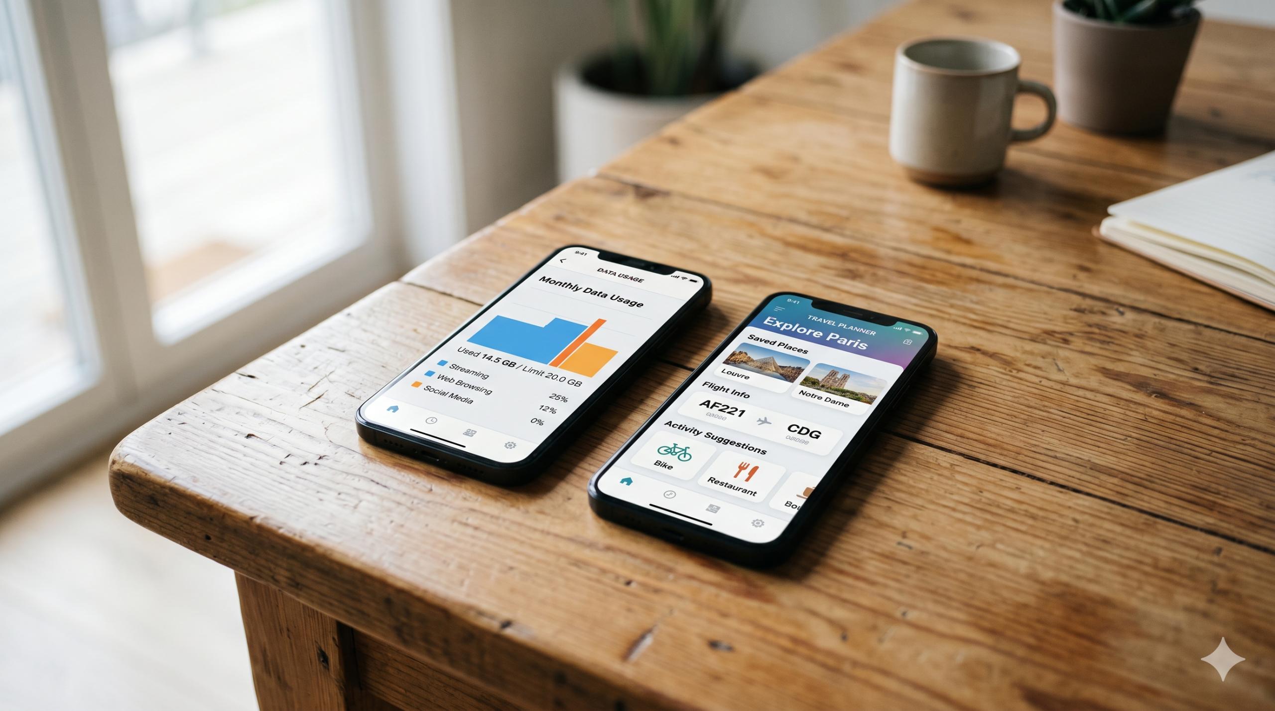 Comparaison d'applications eSIM sur deux smartphones côte à côte lors d'un voyage