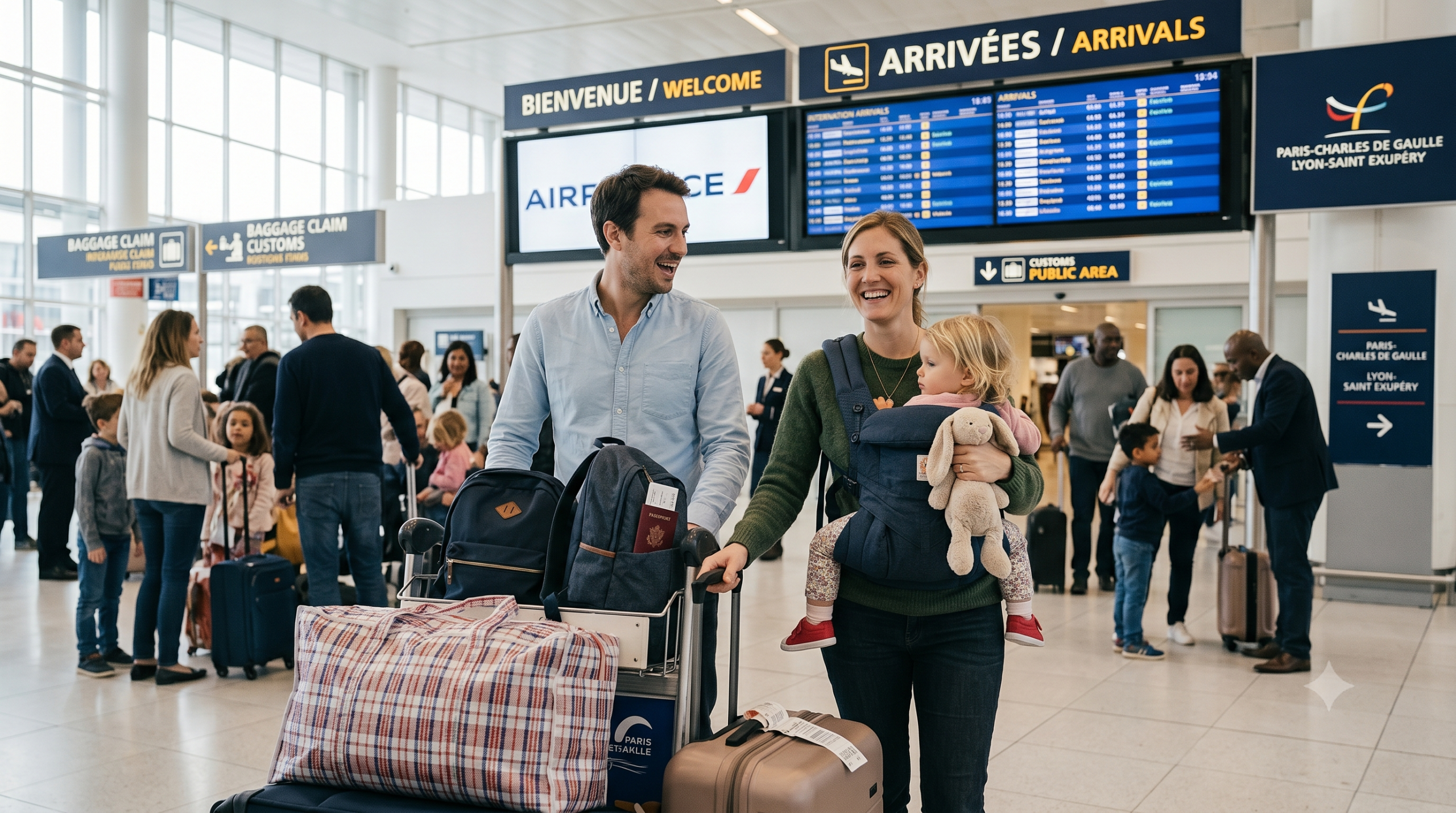 Famille fatiguée mais souriante à l'arrivée après un vol long-courrier avec enfant