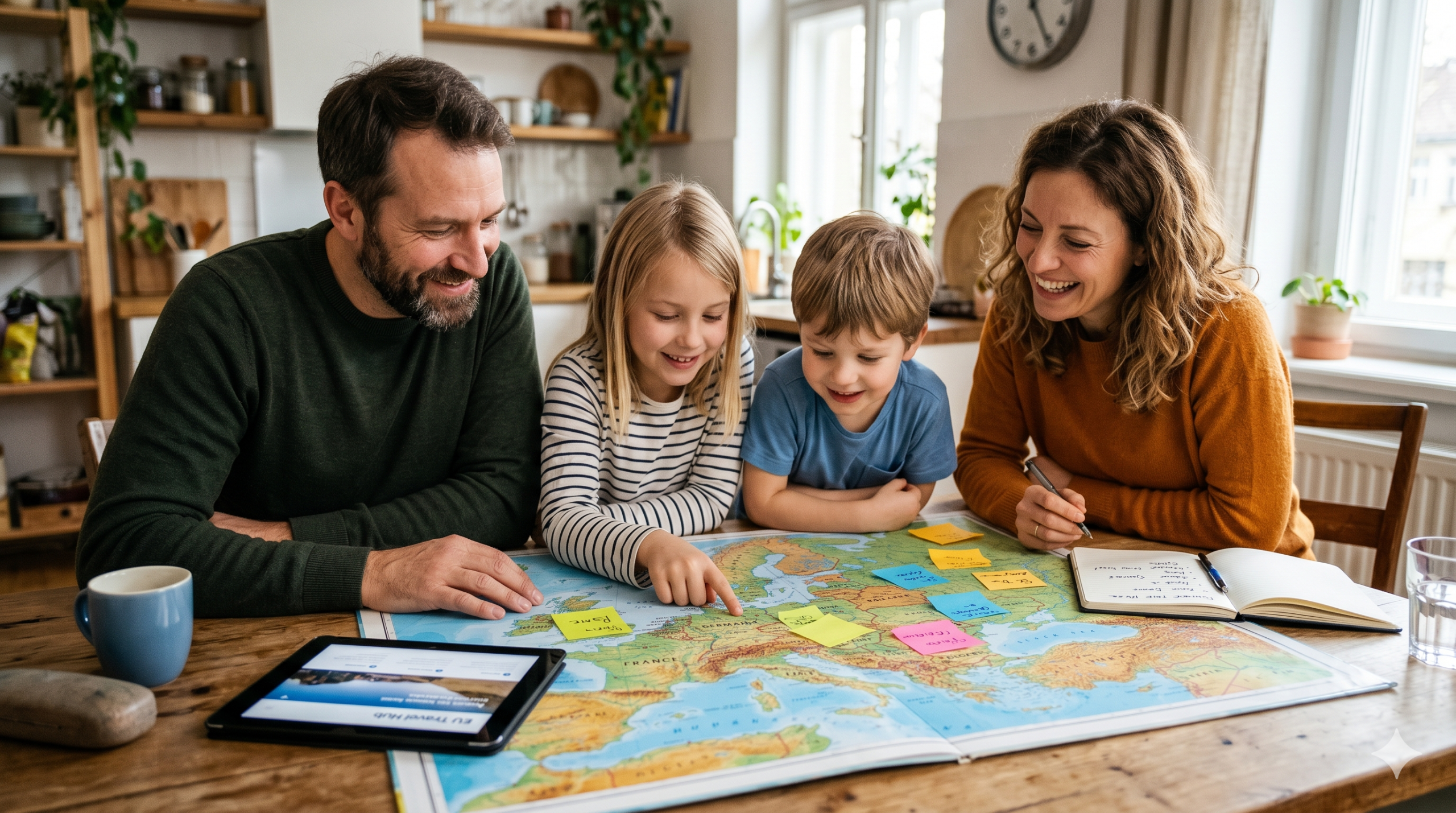 Famille avec enfants qui planifie ses vacances été 2026 sur une carte