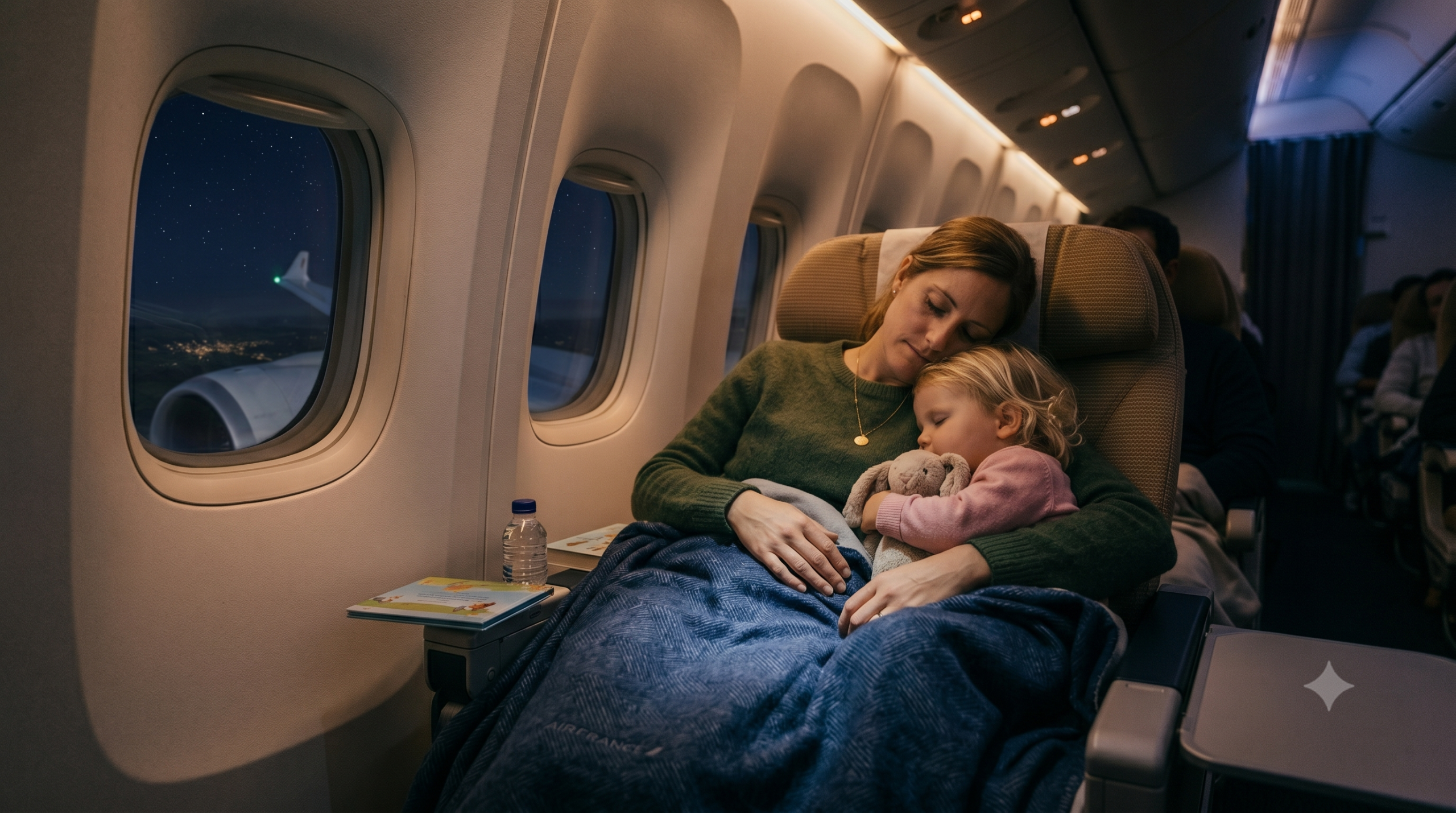 Mère et enfant endormis dans un avion pendant un vol de nuit