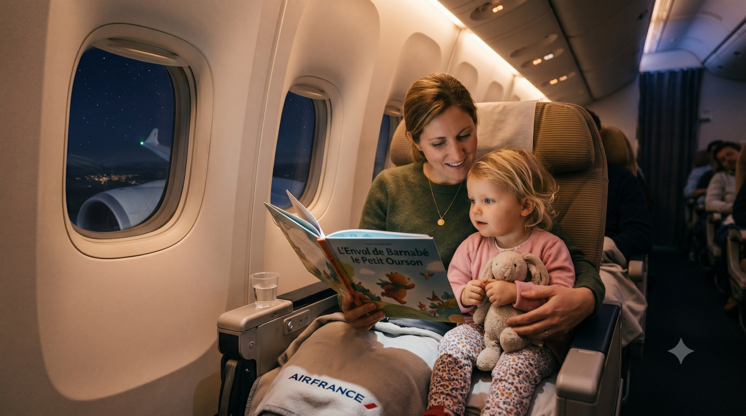 Parent lisant à son enfant en bas âge dans un avion long-courrier