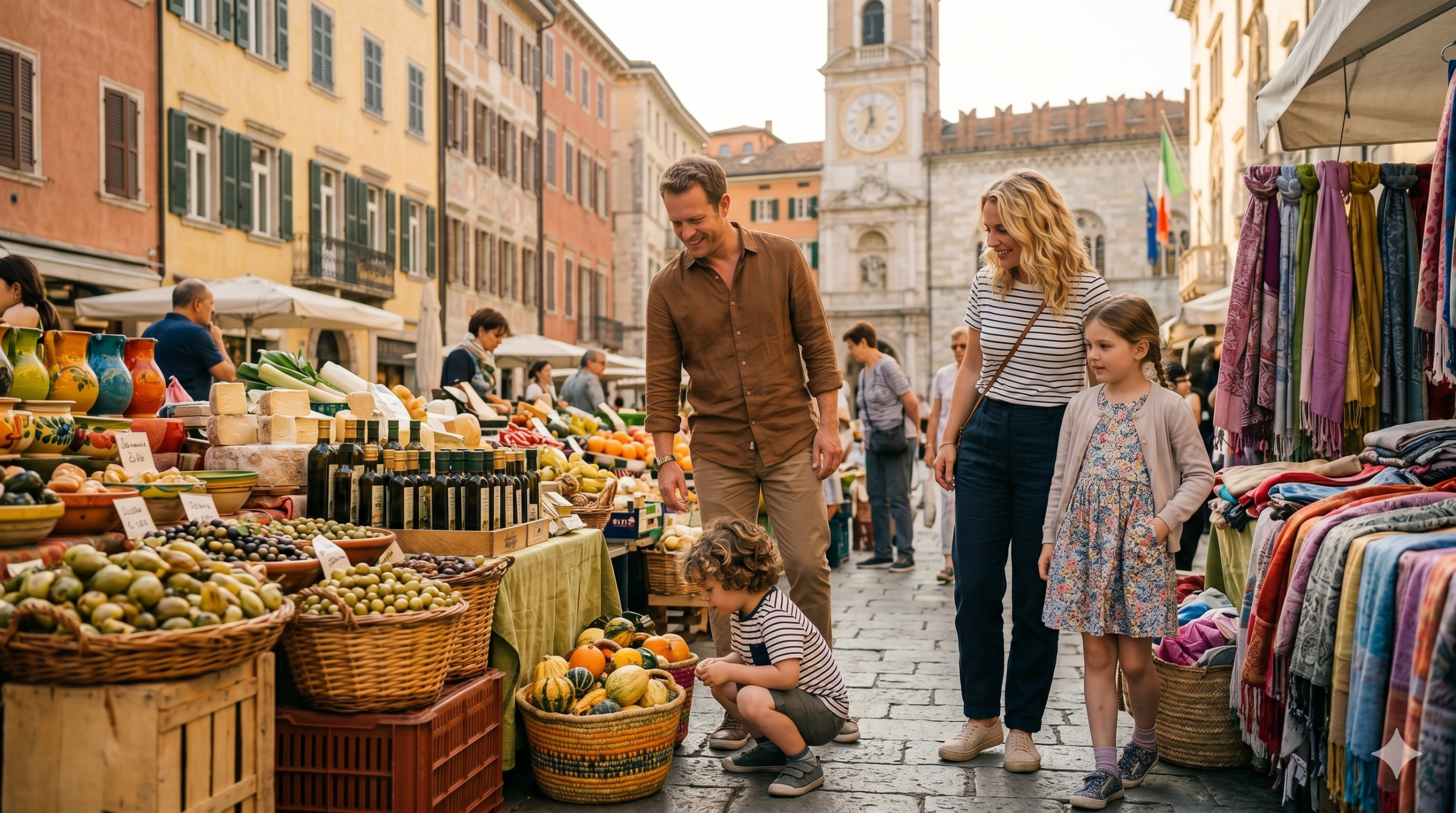 Parents et enfants explorant un marché coloré dans une ville européenne