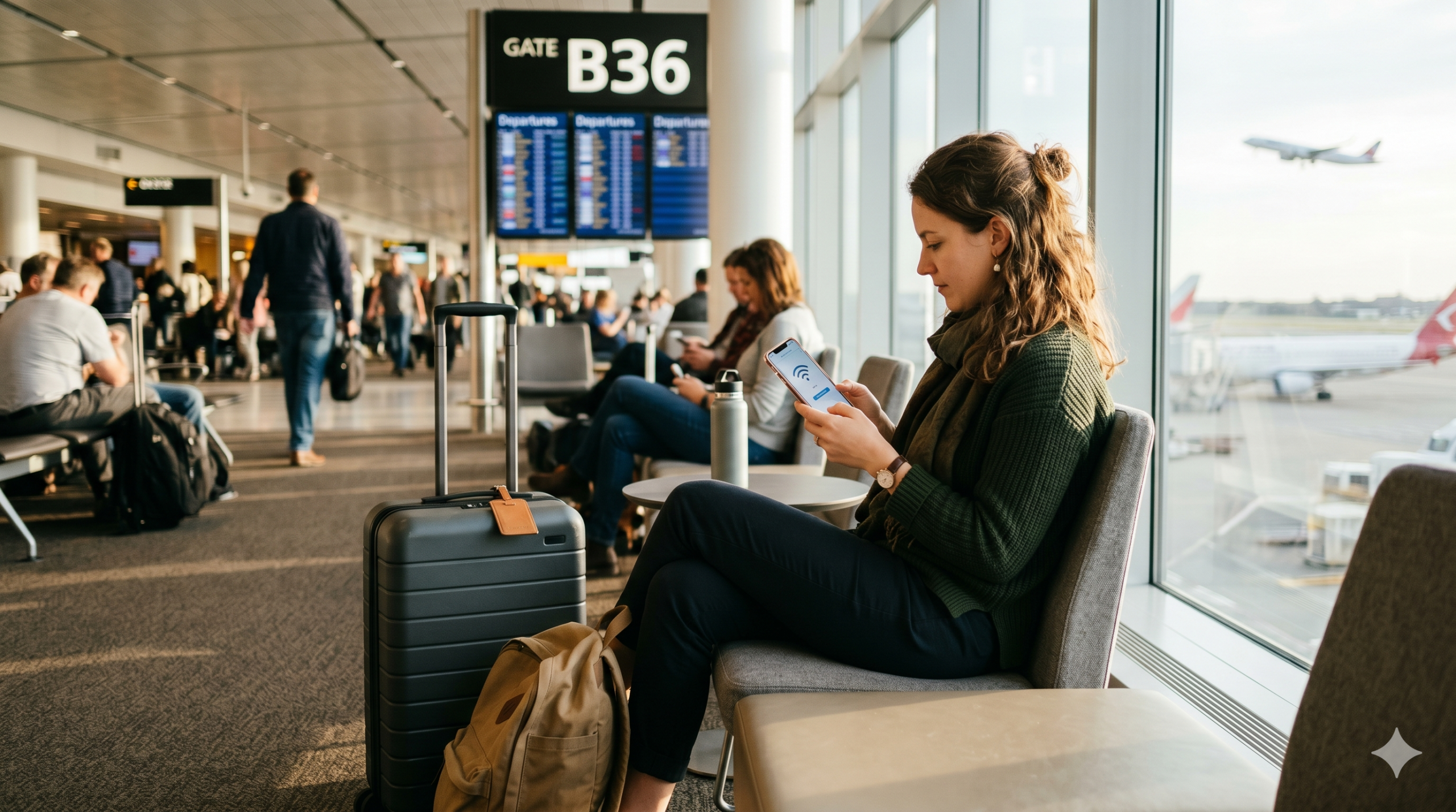 Voyageur utilisant son smartphone avec une eSIM à l'aéroport