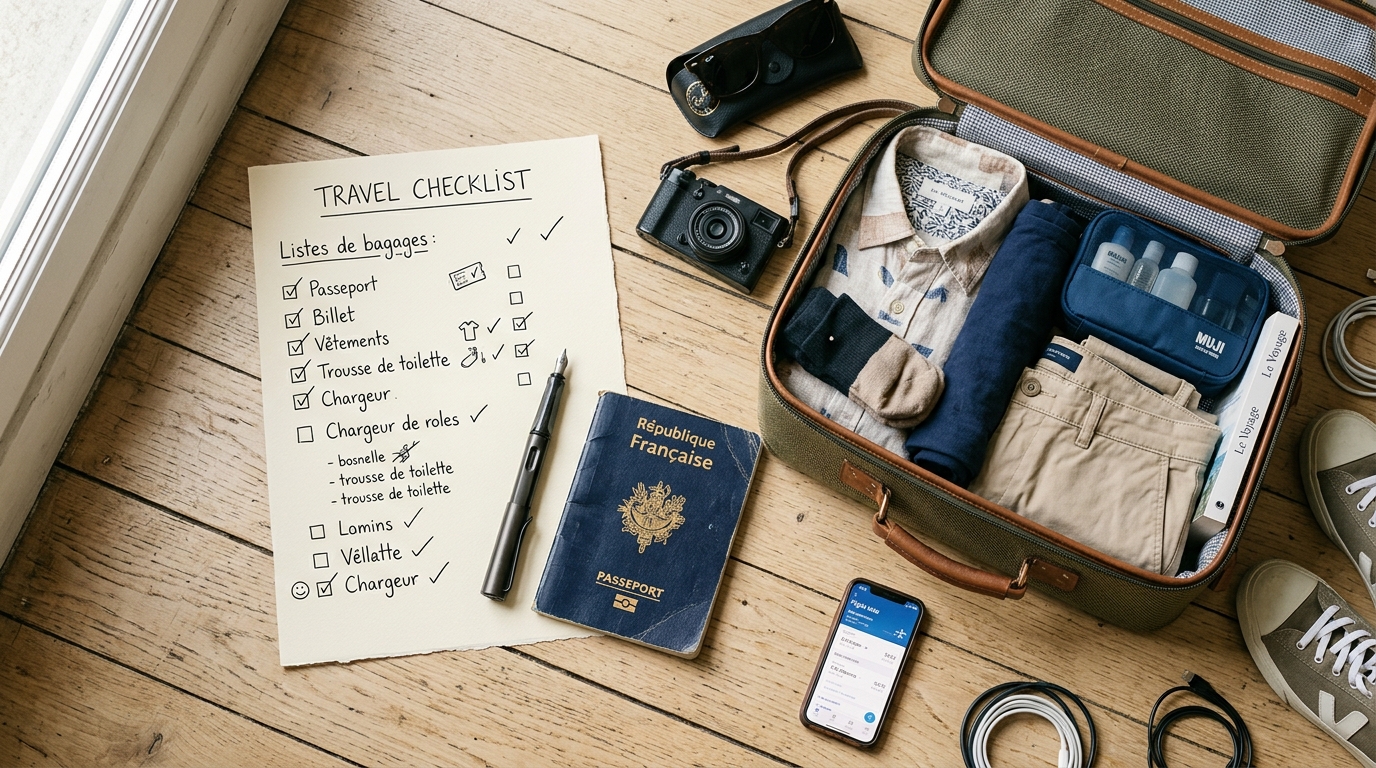 Checklist bagages voyage avion avec valise ouverte et liste de préparation