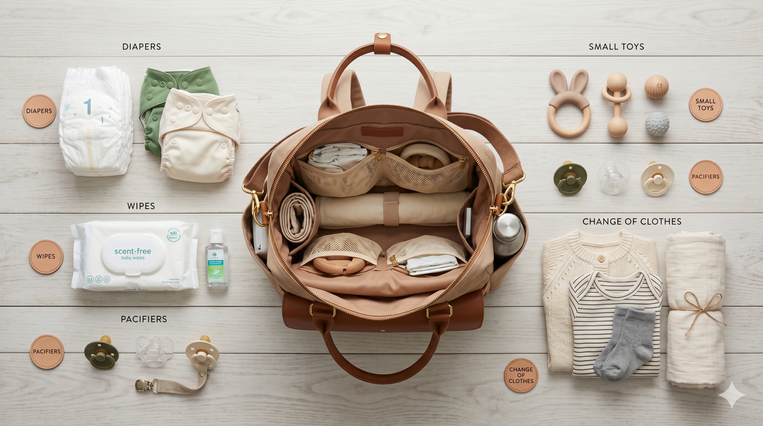 sac à langer organisé ouvert avec affaires bébé rangées par catégorie