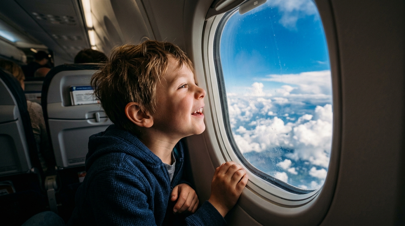 Enfant regardant par le hublot d'un avion avec le ciel bleu derrière