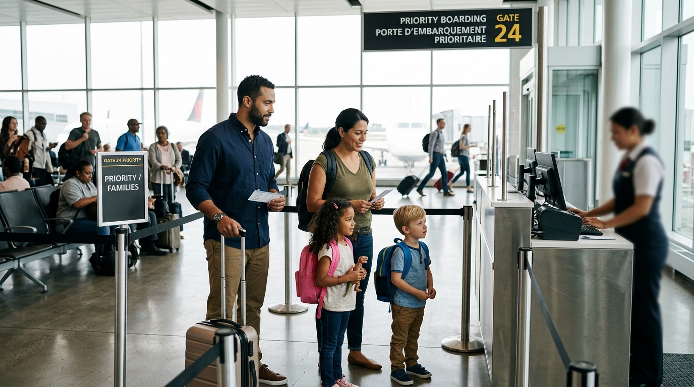 Famille avec enfants à l'embarquement prioritaire dans un aéroport