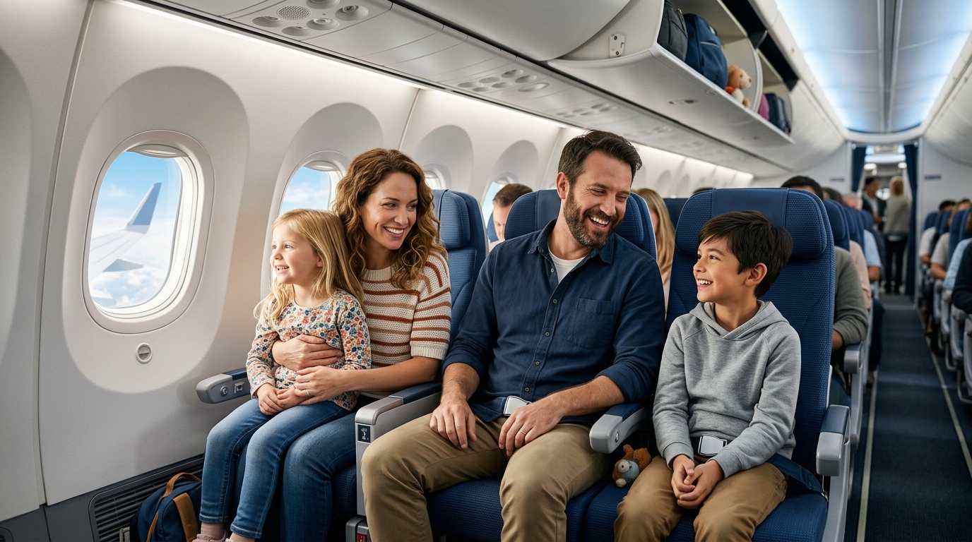 Famille heureuse dans un avion, enfants souriants près du hublot
