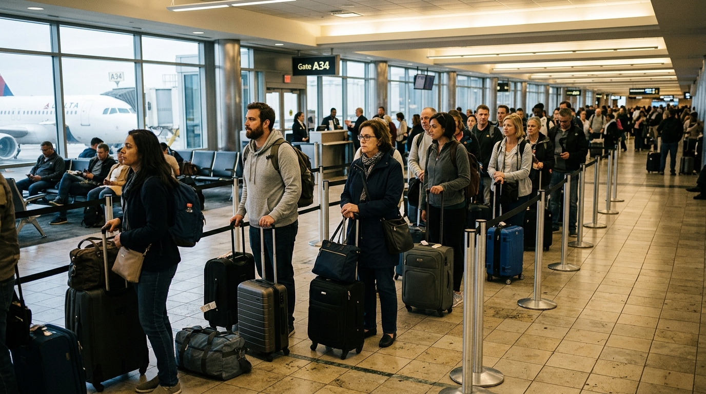 File d'attente à l'embarquement Ryanair avec des voyageurs et leurs bagages