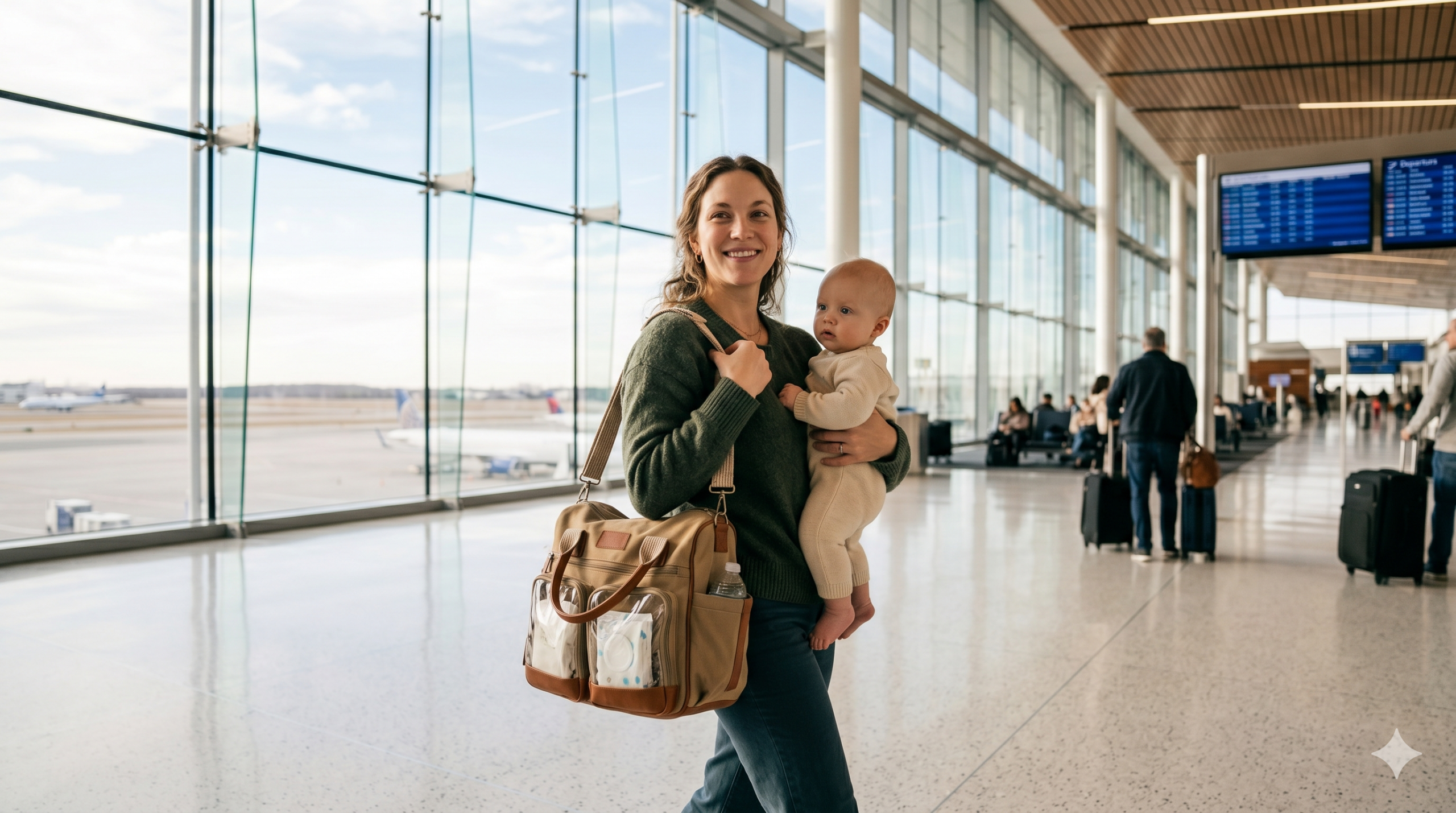 mère avec bébé dans les bras dans un aéroport, sac à langer sur l'épaule