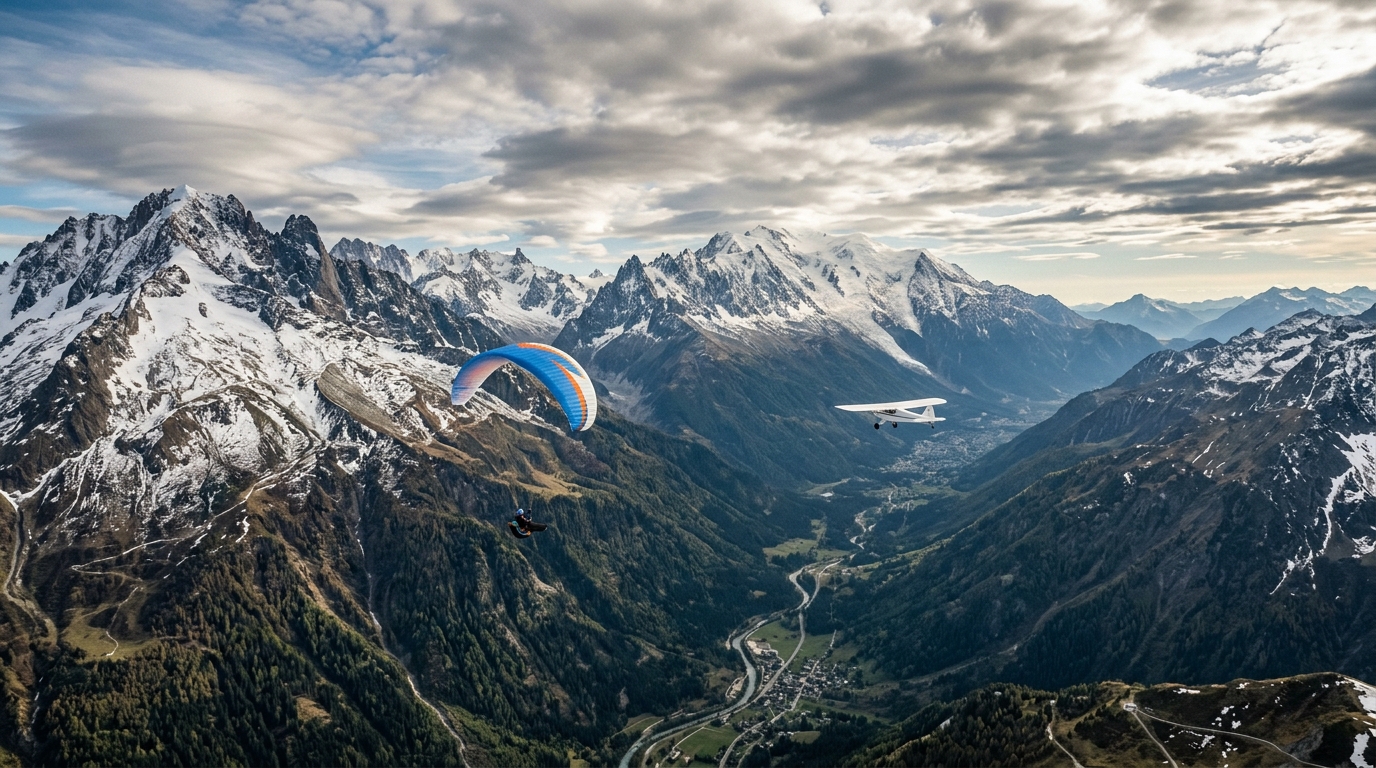 Parapentiste en vol dans un ciel alpin, espace aérien montagne