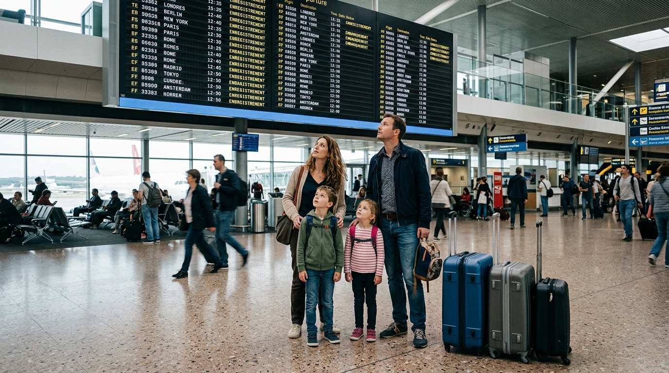 Parents avec deux enfants à l'aéroport regardant les panneaux d'affichage des vols