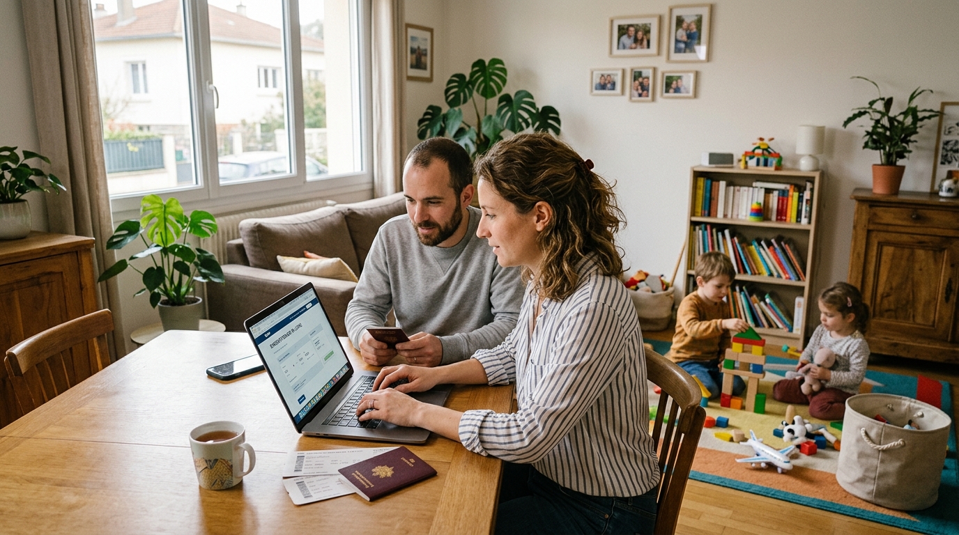 Parents qui font leur check-in en ligne avant un vol en famille