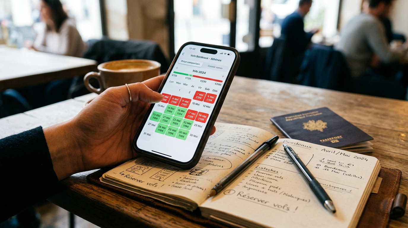 Smartphone affichant des alertes de prix de vols et un calendrier de voyage