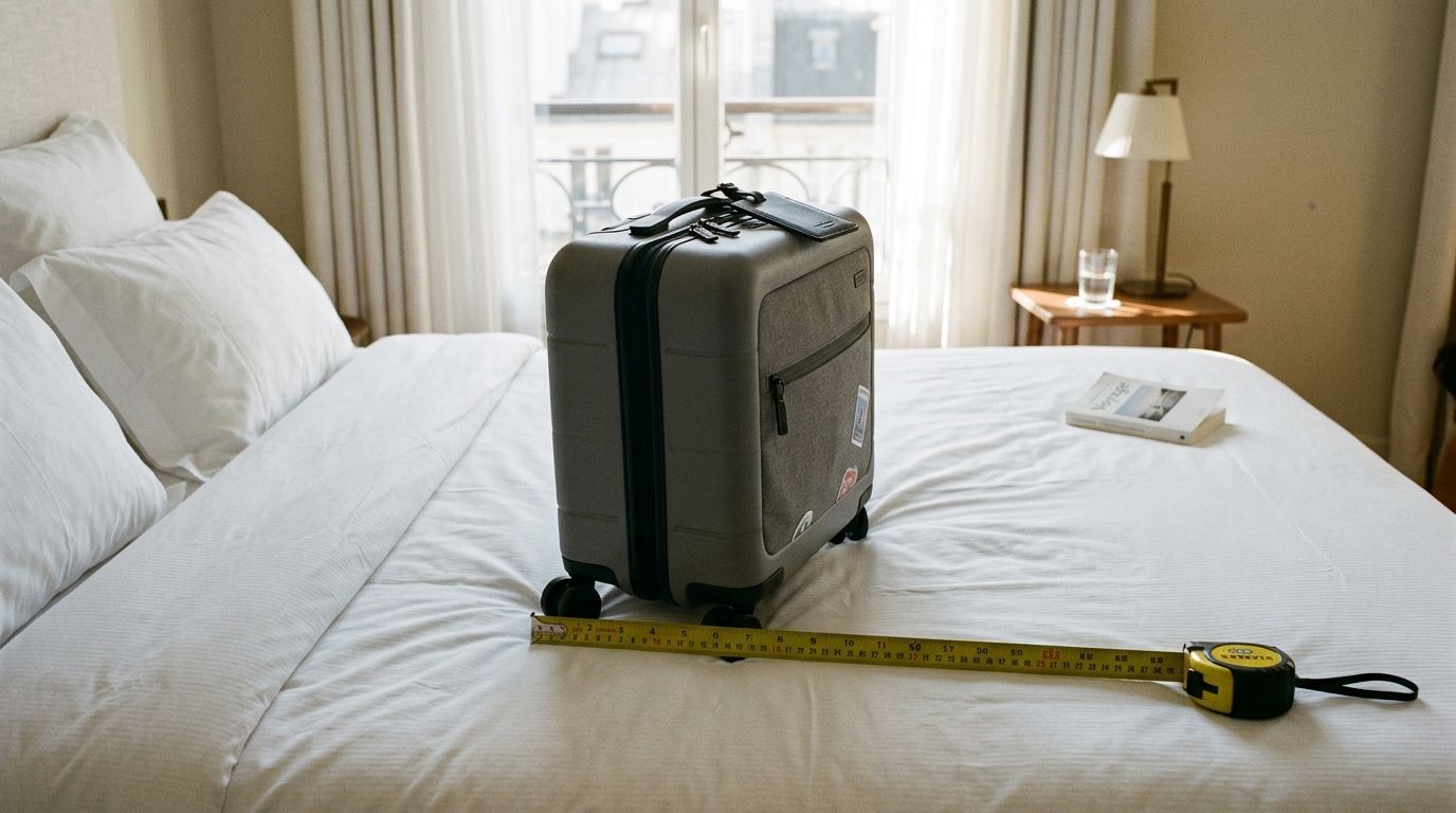 Valise cabine posée sur un lit avant un voyage en avion