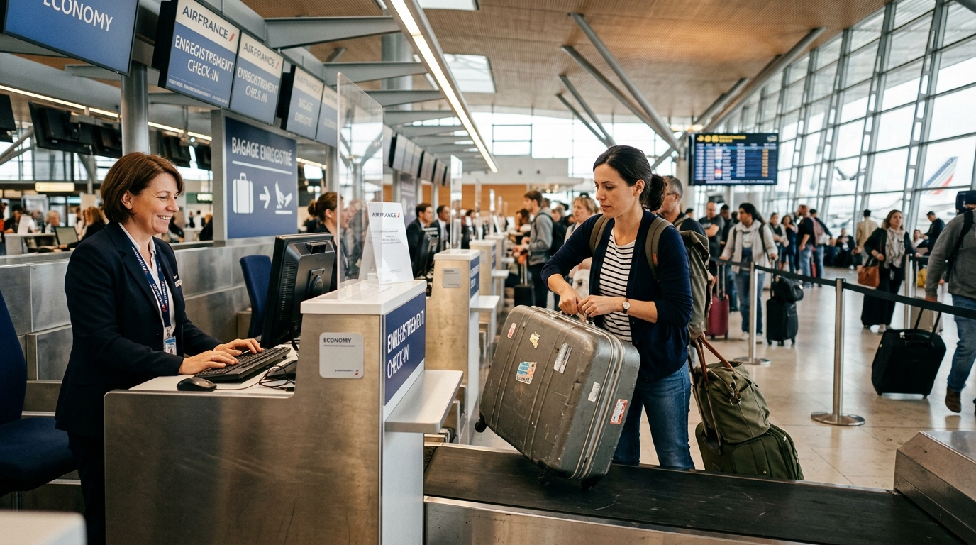 Comptoir d'enregistrement bagage dans un aéroport avec voyageur et valise