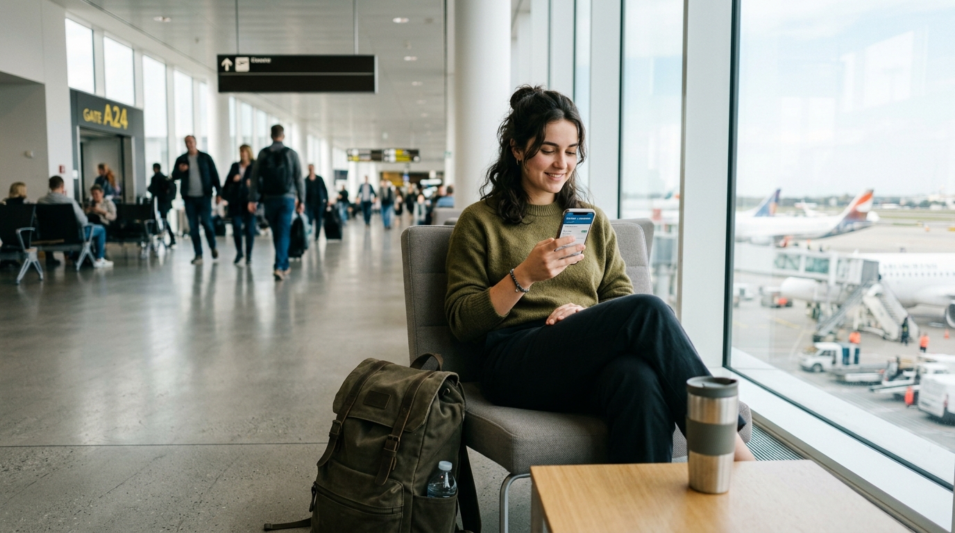 Voyageur détendu à l'aéroport avec son téléphone, recherchant un billet d'avion pas cher
