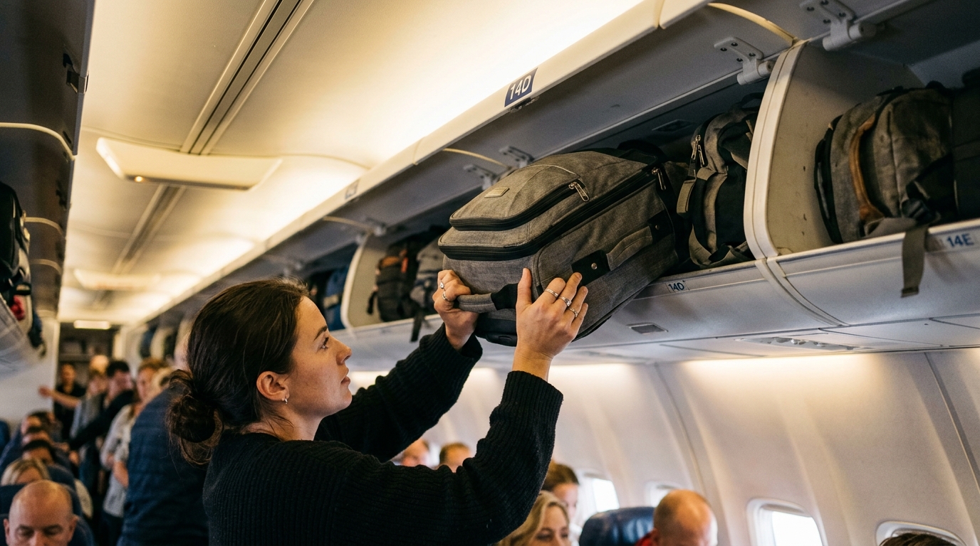 Voyageur avec bagage cabine dans un aéroport low-cost européen