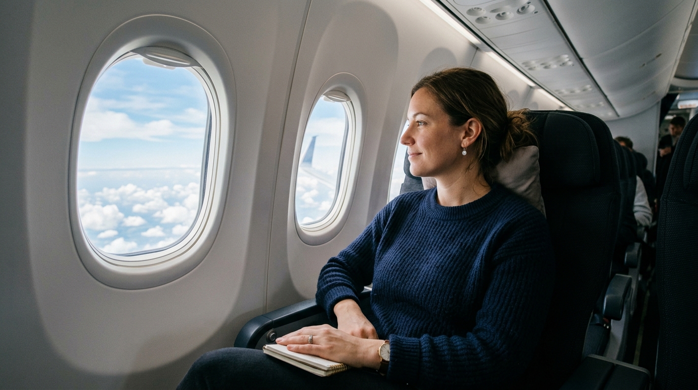Voyageur serein à bord d'un avion en vol direct vers une destination lointaine