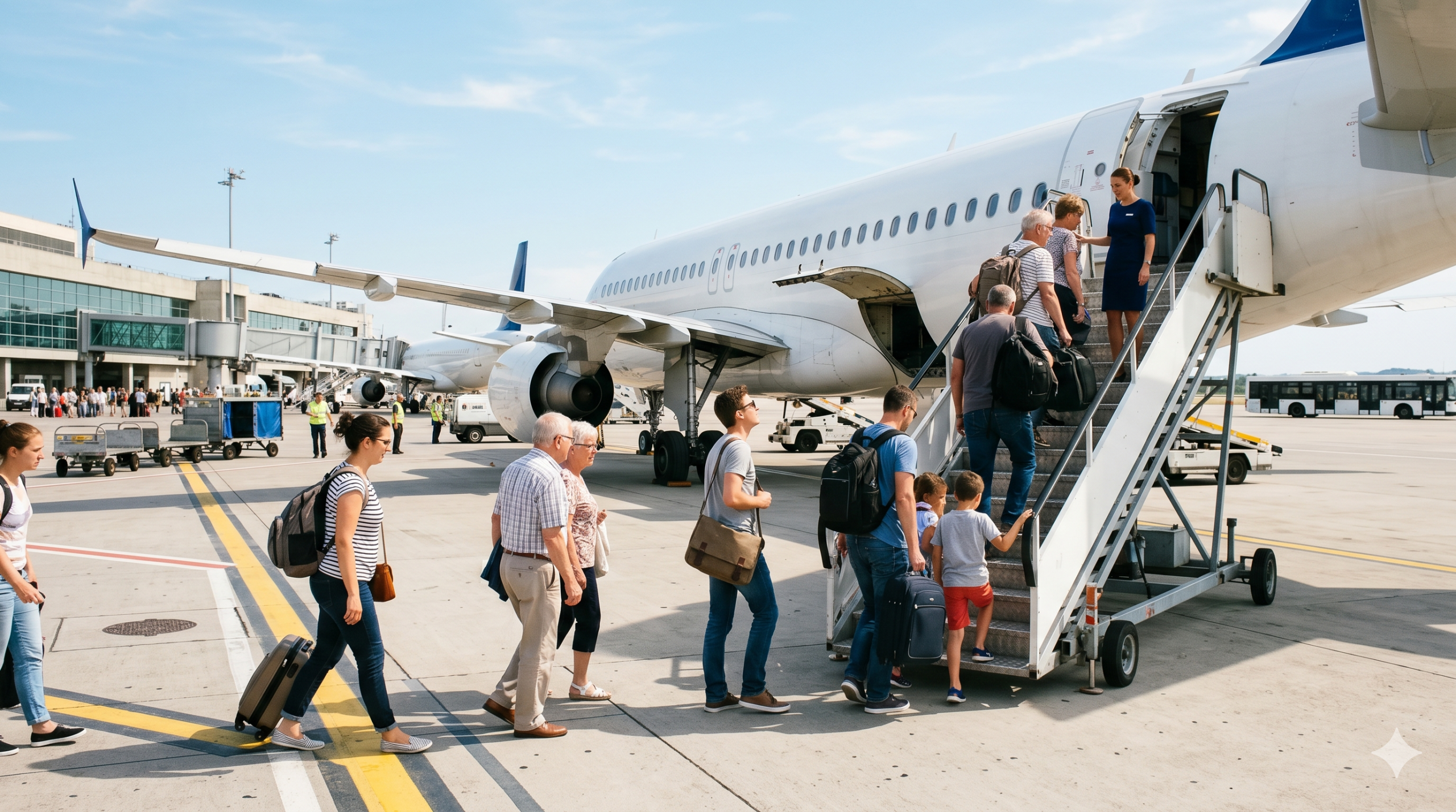 Passagers embarquant dans un avion d'une compagnie low-cost par beau temps