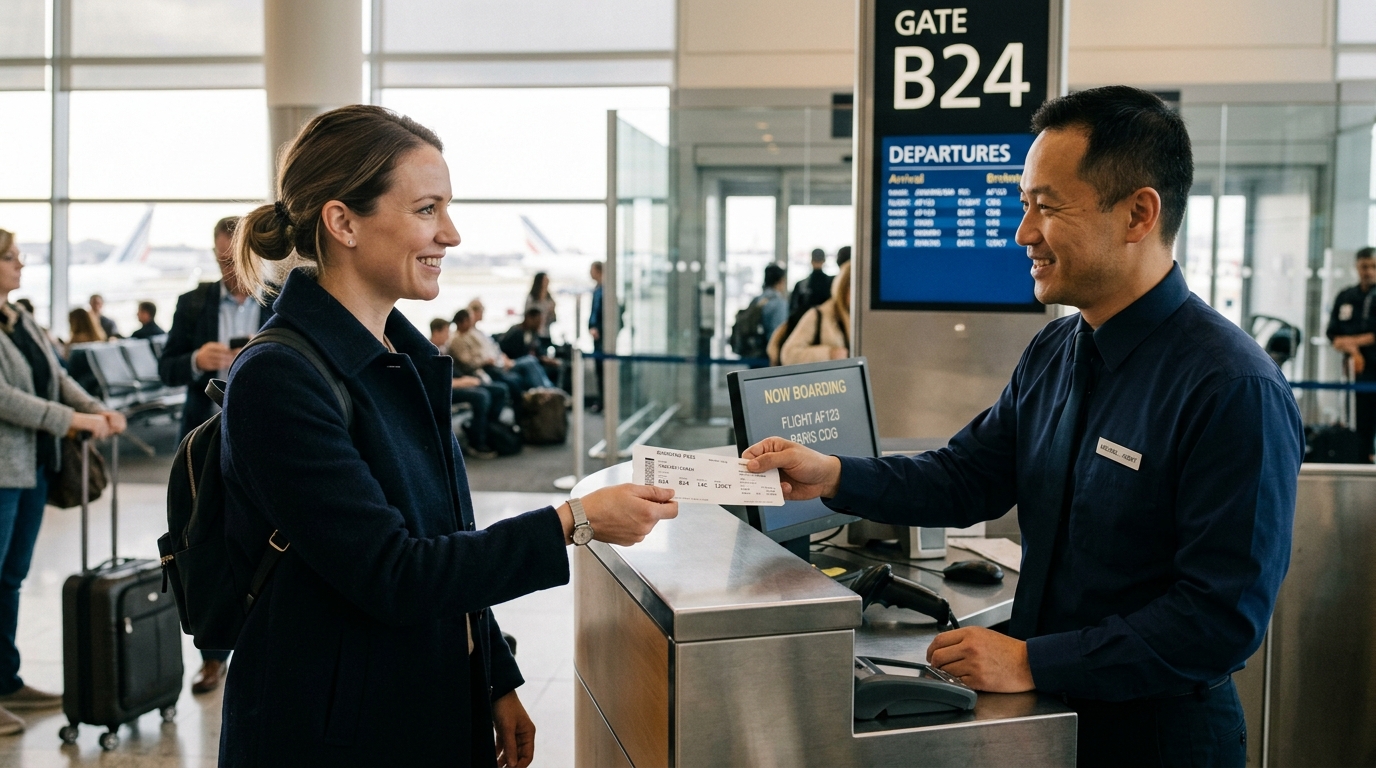 Comptoir d'embarquement American Airlines avec agent et passager discutant d'une compensation