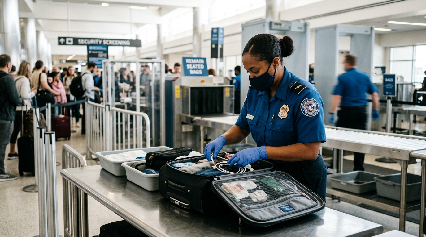Agent de sécurité aéroport vérifiant un bagage suspect