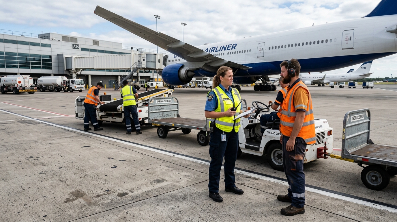 Contrôle sécurité aéroport zone sensible, agents de sécurité au sol