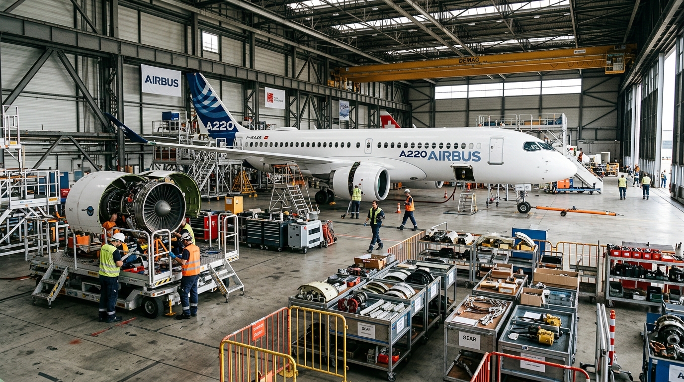 Airbus A220 au sol dans un hangar de maintenance aéronautique