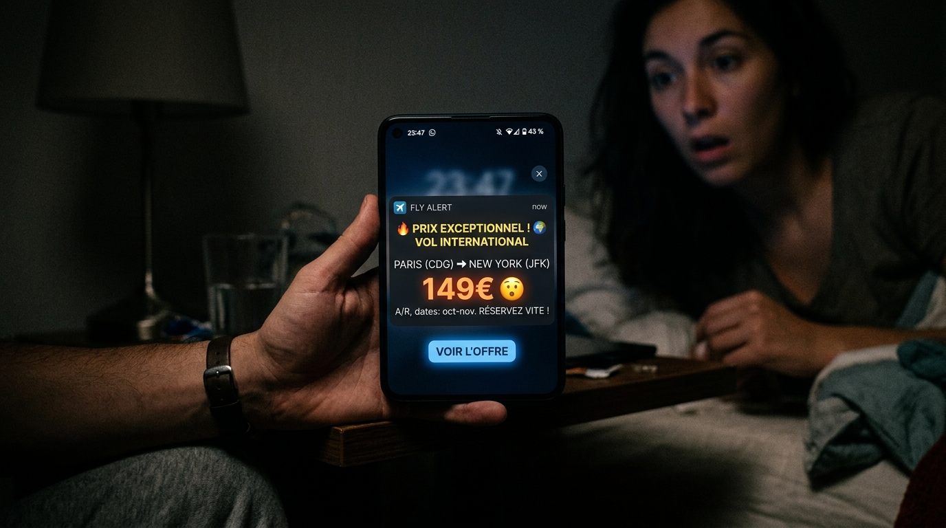 Alerte sur smartphone montrant un prix anormalement bas pour un vol international