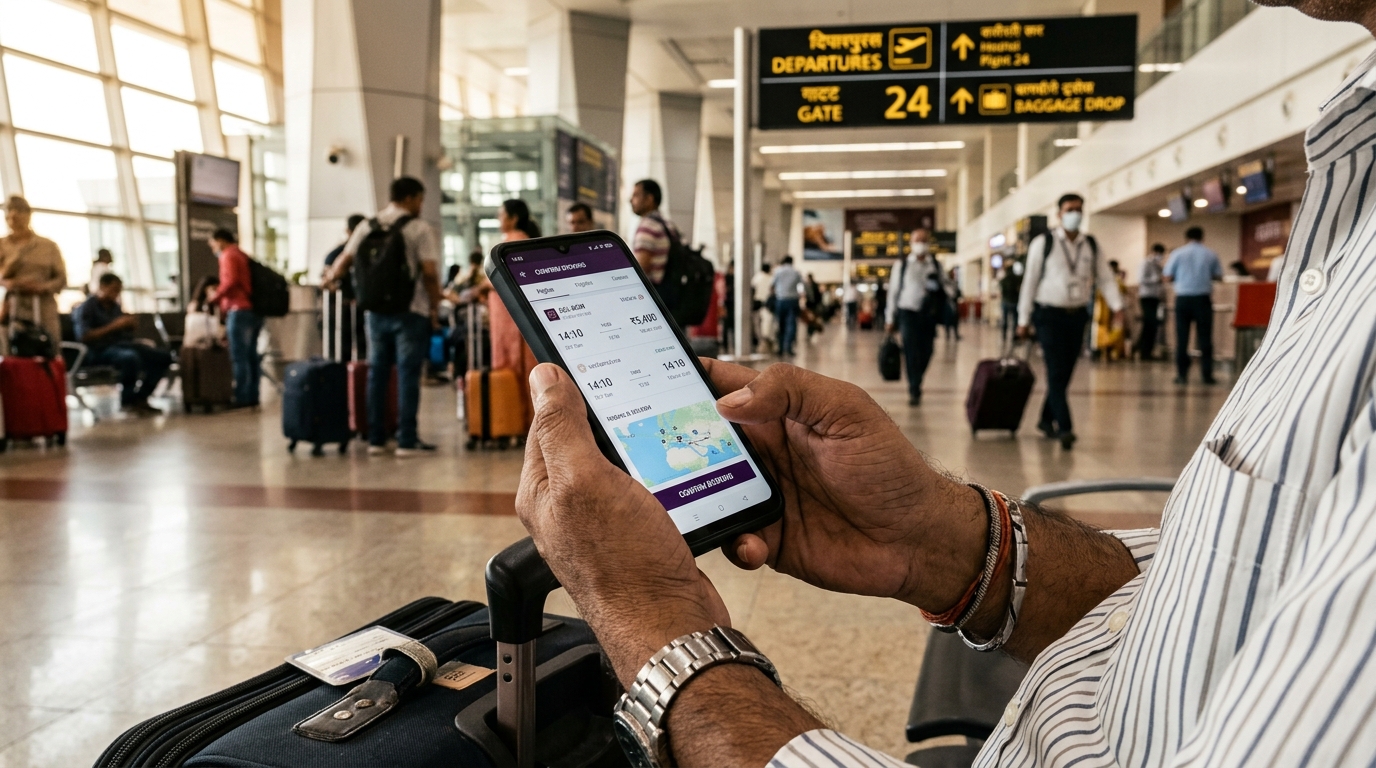 Application de réservation de vol ouverte sur un smartphone dans un aéroport indien