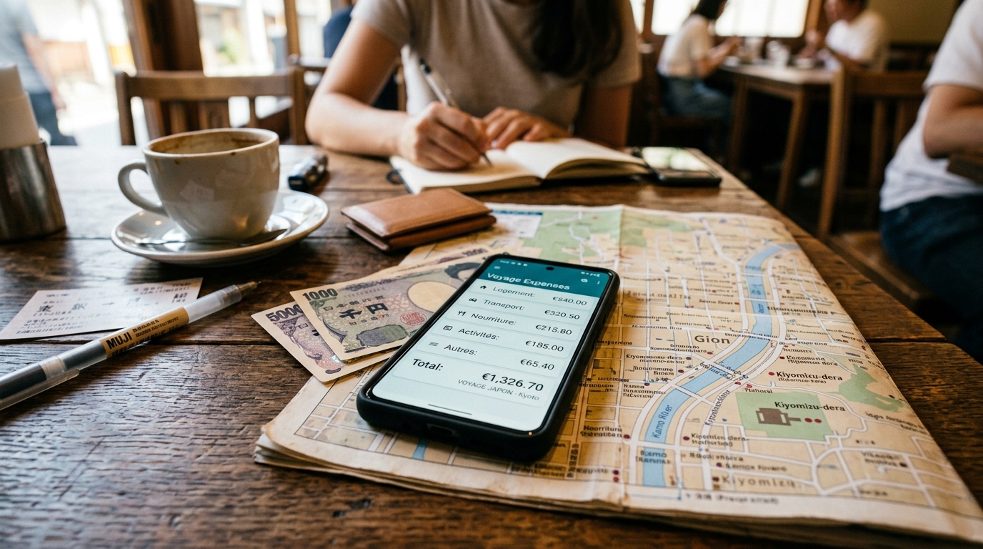 Application de suivi de dépenses de voyage ouverte sur un smartphone posé sur une carte