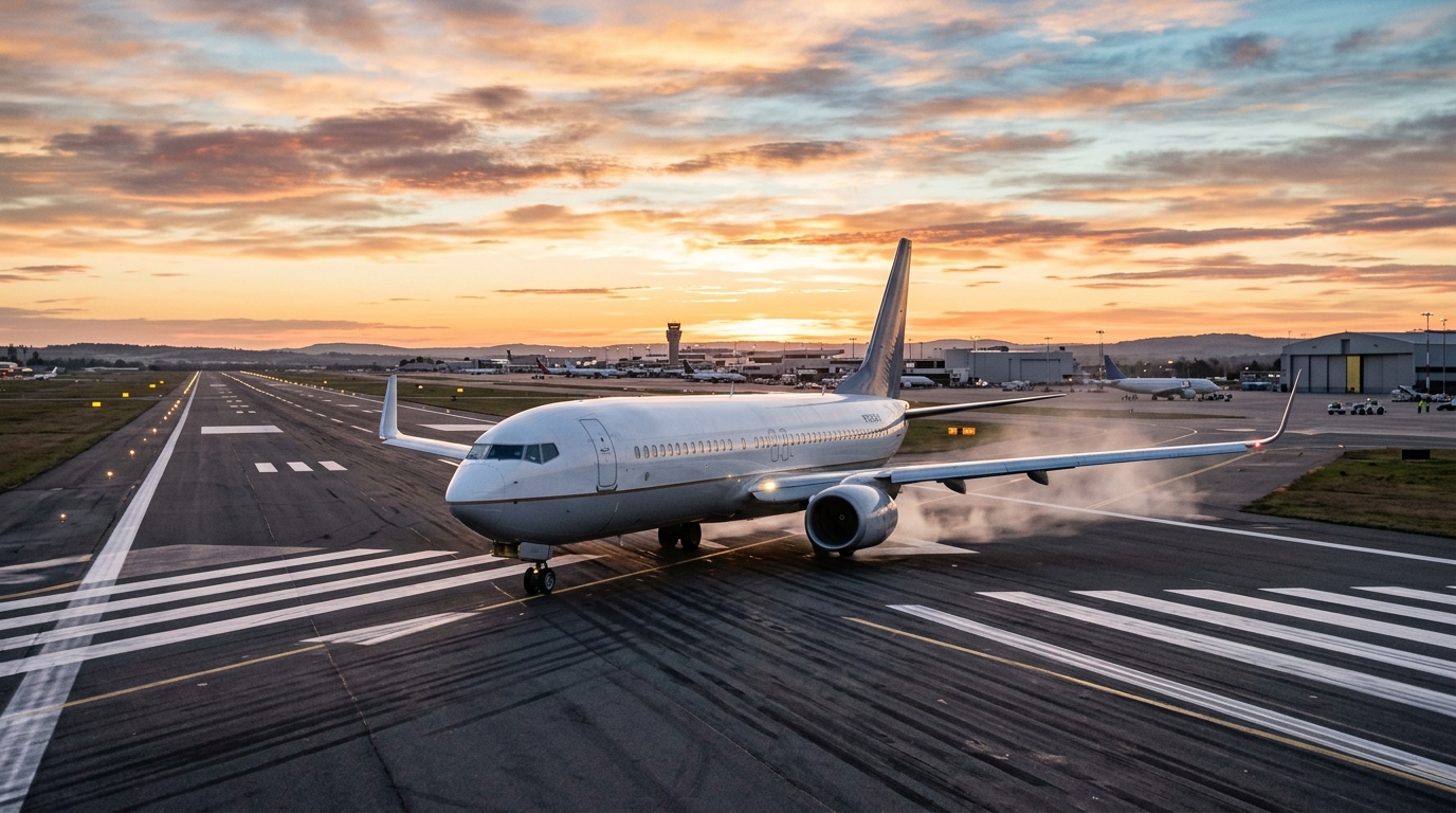 Avion commercial en phase de décollage sur une piste d'aéroport au lever du soleil