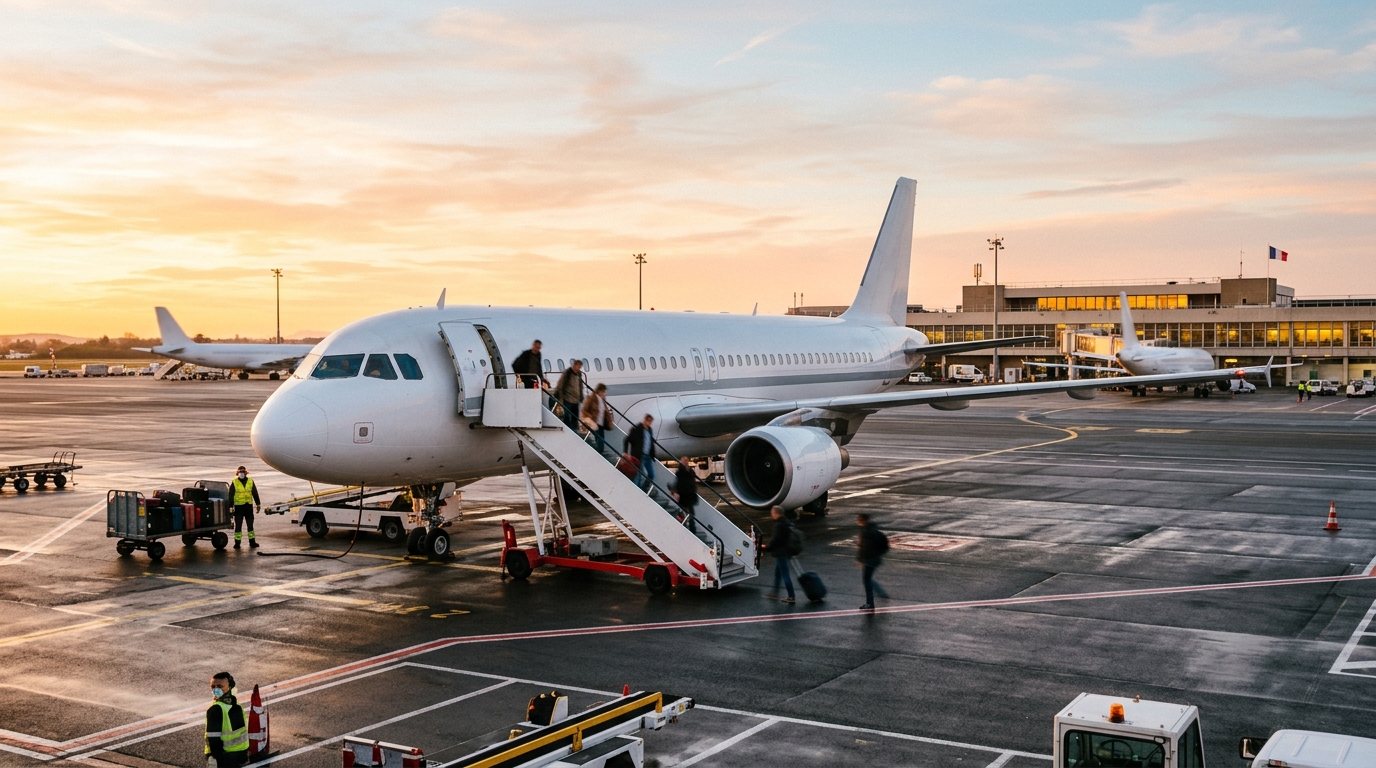 Avion low-cost sur le tarmac d'un aéroport français au lever du soleil