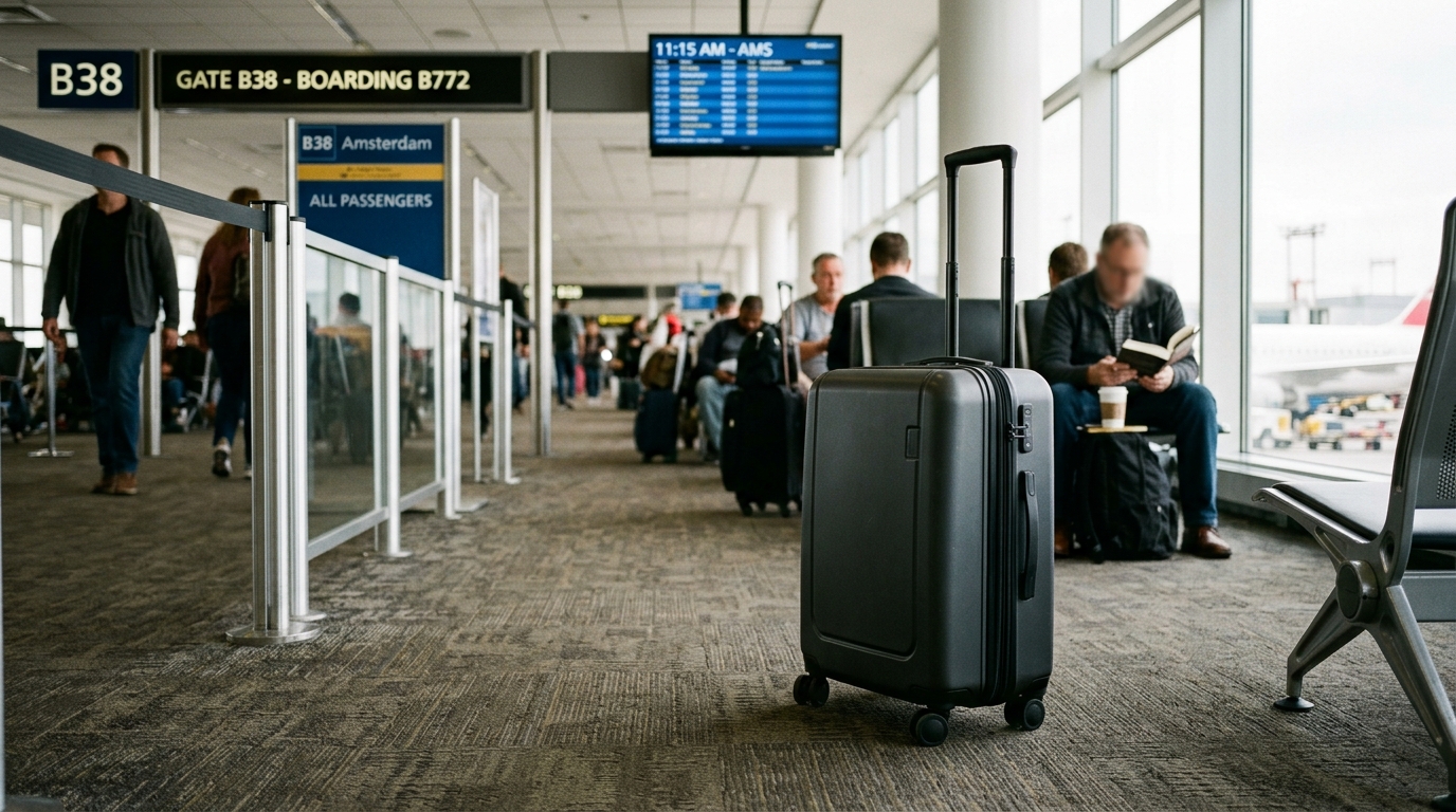 Voyageur préparant un bagage cabine compact avant un vol low-cost