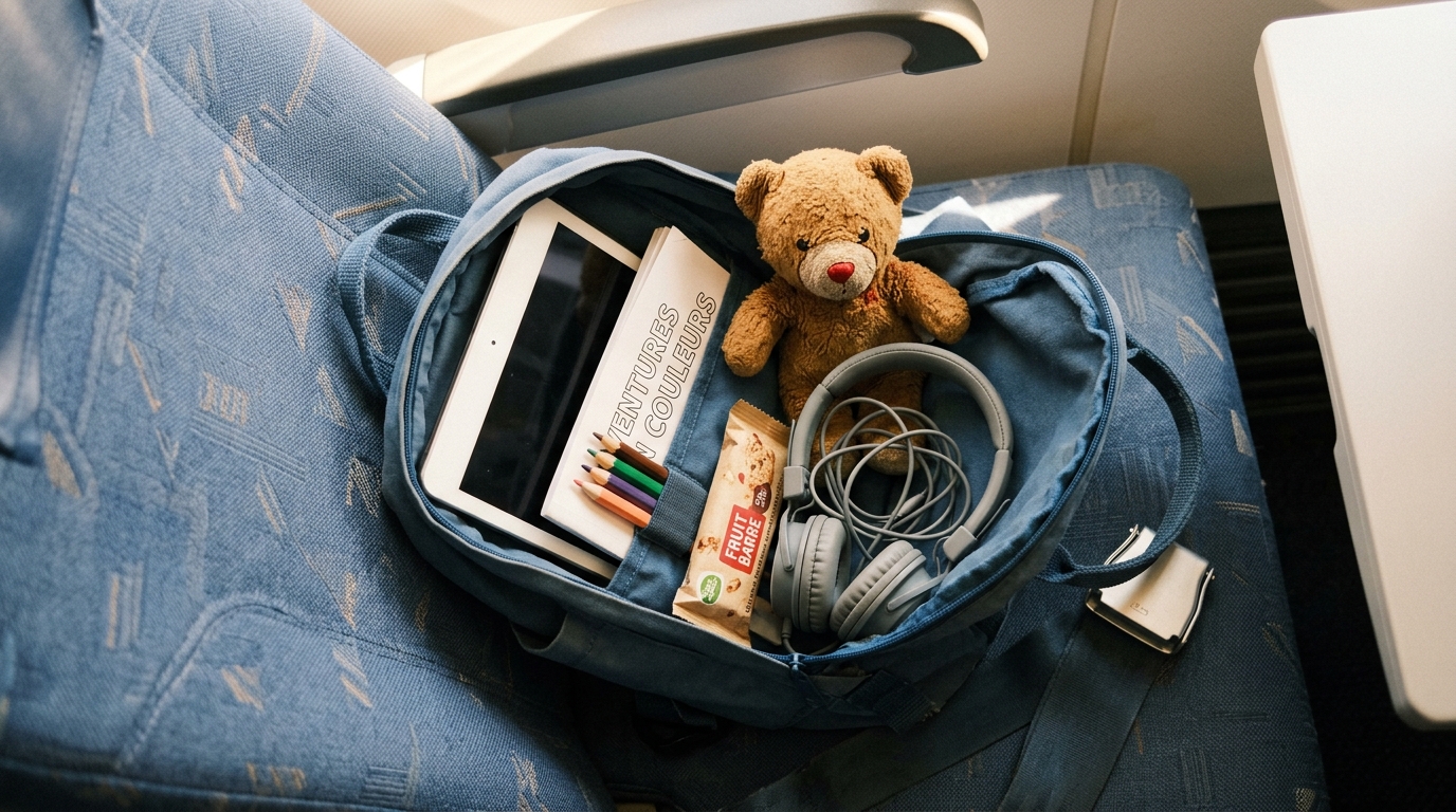 Bagage cabine ouvert avec affaires d'enfants soigneusement organisées pour un long vol