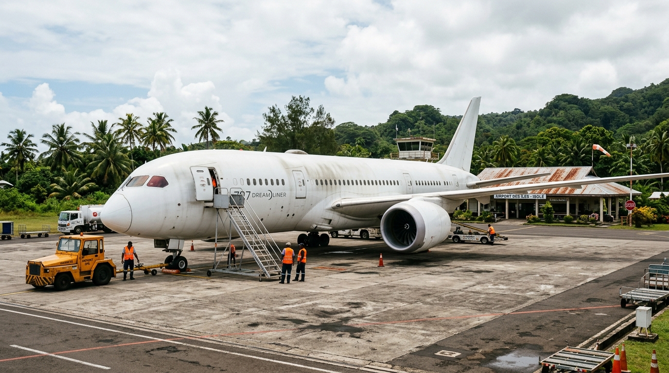 Boeing 787 Dreamliner immobilisé sur le tarmac d'un aéroport isolé