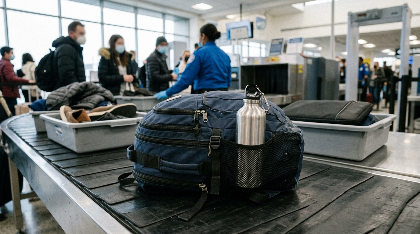 Bouteille d'eau vide dans un sac à dos de voyageur à l'aéroport