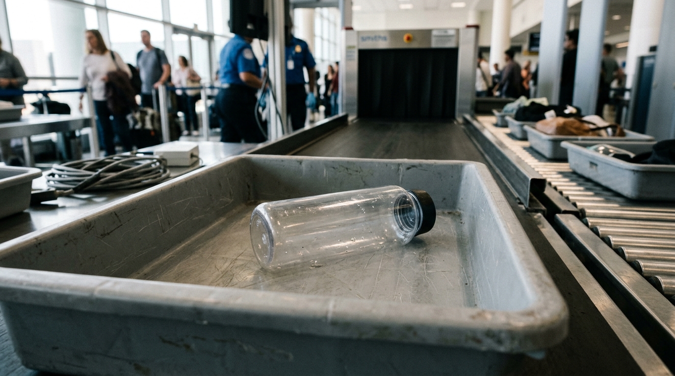 Bouteille d'eau vide posée sur un tapis de contrôle de sécurité à l'aéroport