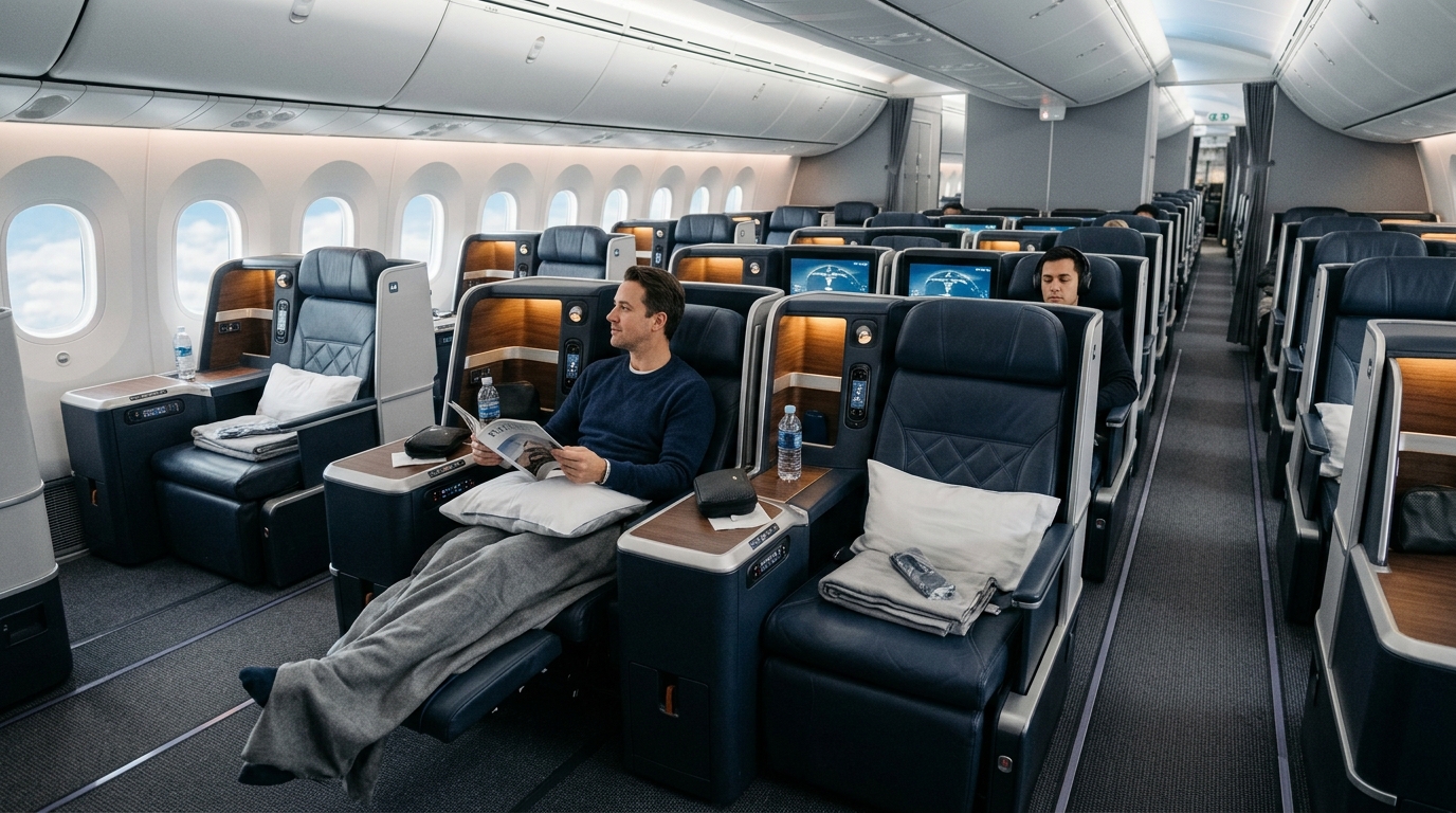 Cabine classe affaires d'un avion long-courrier Etihad