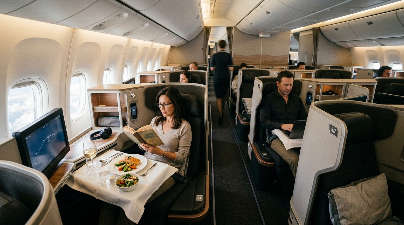 Cabine classe affaires Emirates A380 avec bar et sièges premium