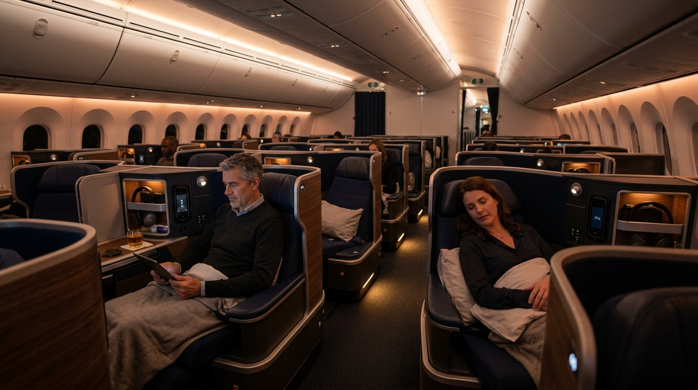 Siège classe affaires dans un avion long-courrier avec hublot et lumière douce