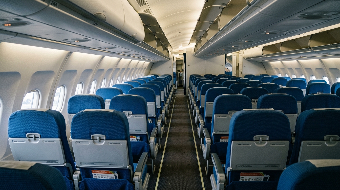Cabine intérieure d'un avion long-courrier Airbus avec sièges en classe économique