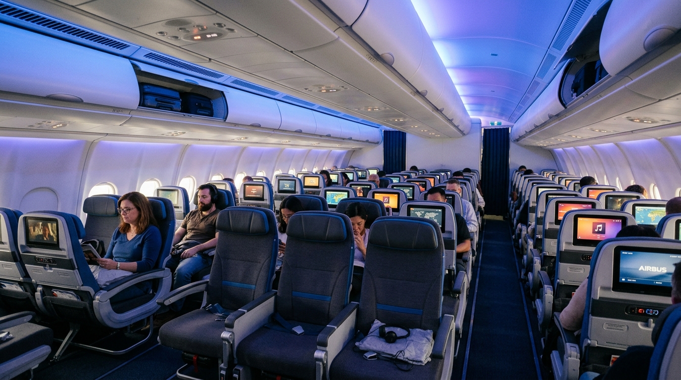 Cabine intérieure de l'Airbus A330-900neo d'Azul Airlines avec sièges et éclairage ambiant