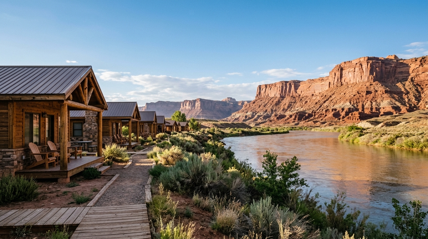 Vue panoramique de Red Cliffs Lodge face aux falaises rouges du Colorado River à Moab, Utah