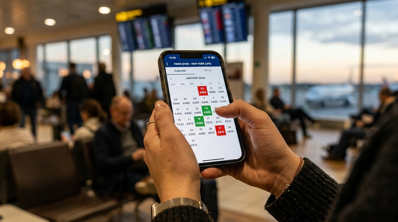 Voyageur comparant les prix de vols sur plusieurs onglets de navigateur avant de réserver