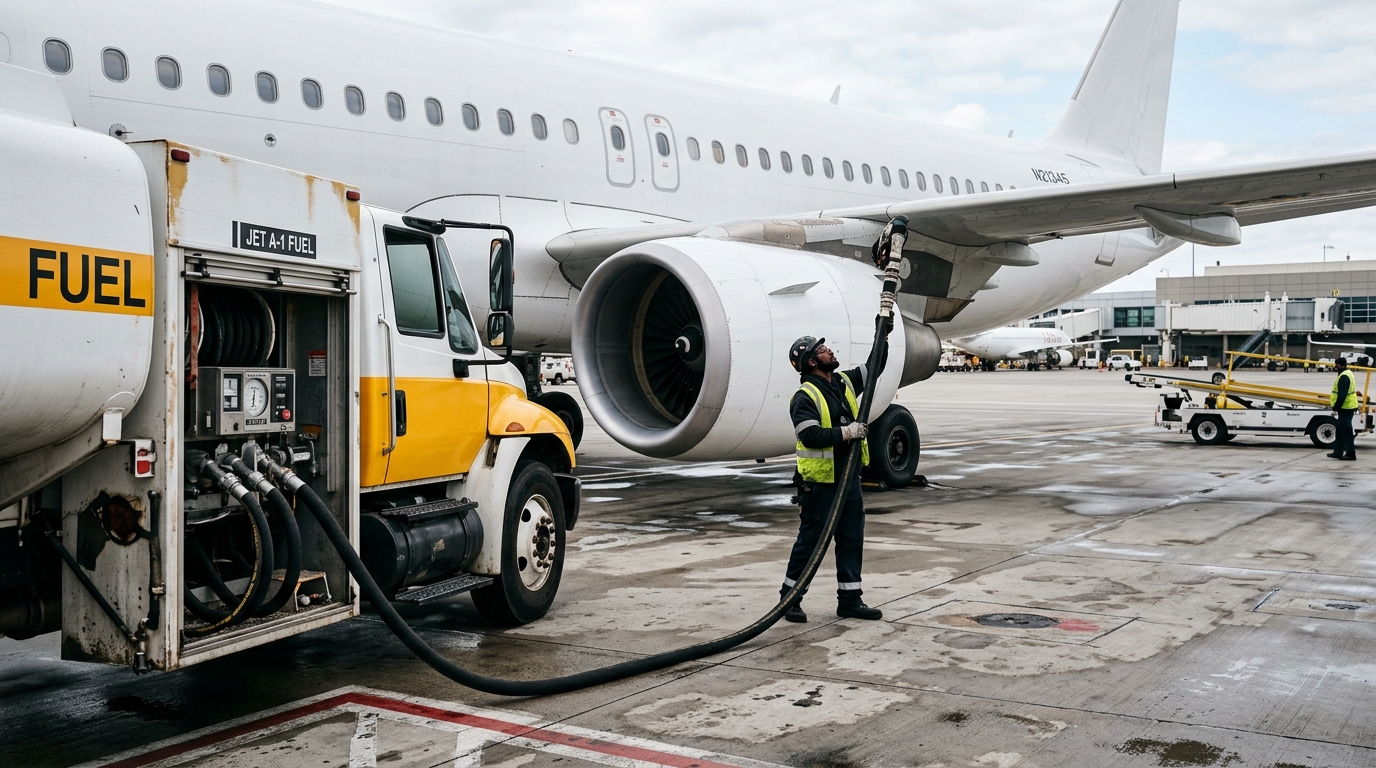 Avion commercial au sol dans un aéroport, ravitaillement en kérosène