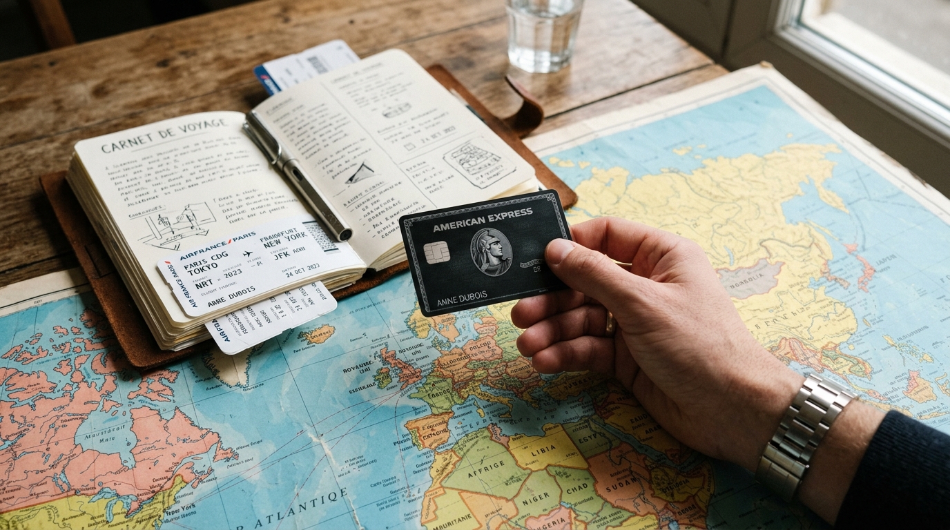 Carte de crédit Chase posée sur une carte du monde avec des billets d'avion