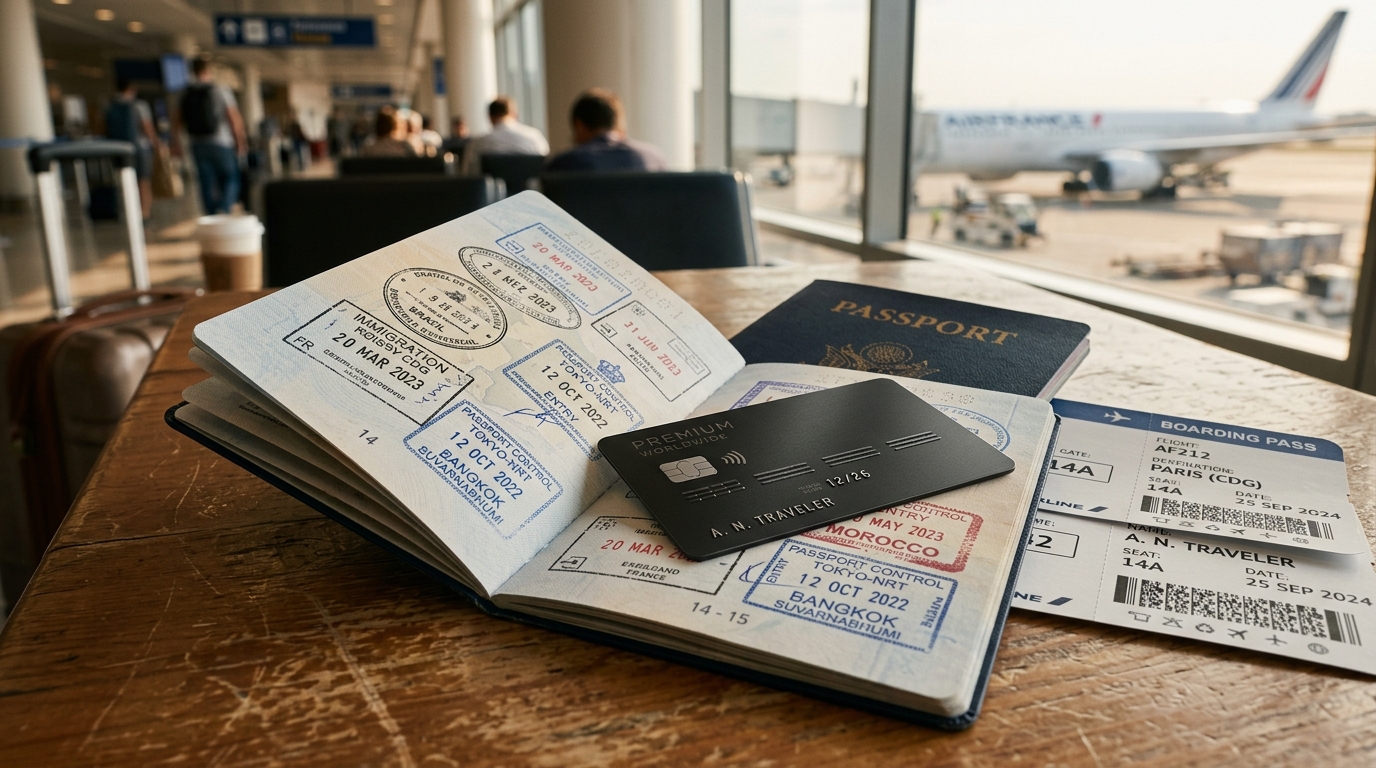 Carte de crédit Chase Sapphire Reserve posée sur un passeport et une carte d'embarquement