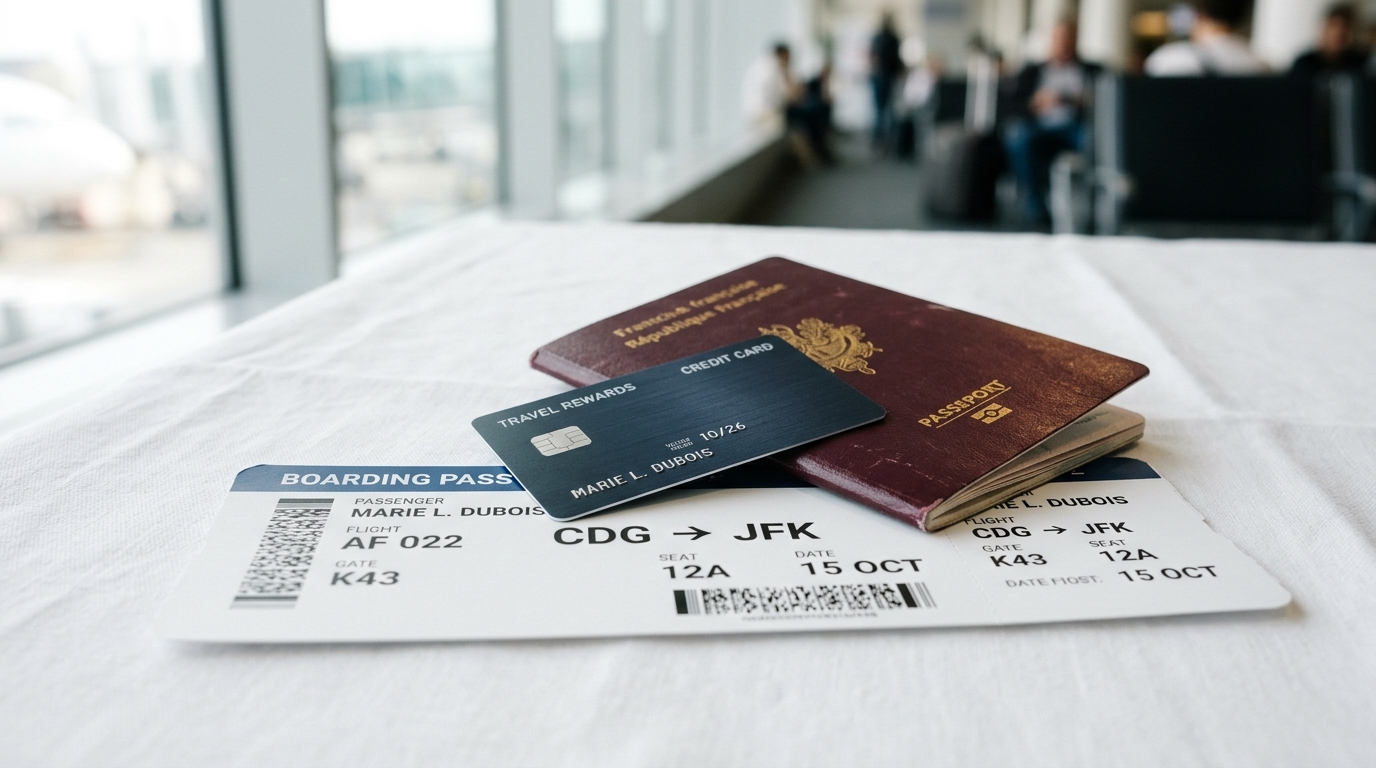 Carte de crédit posée sur un passeport et une carte d'embarquement